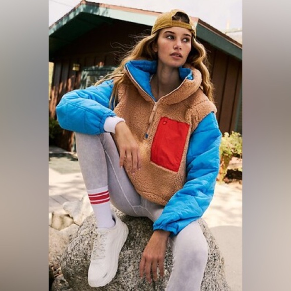 Free People Scenic Route Colorblock 1/2 Half Zip in Tan Blue Orange